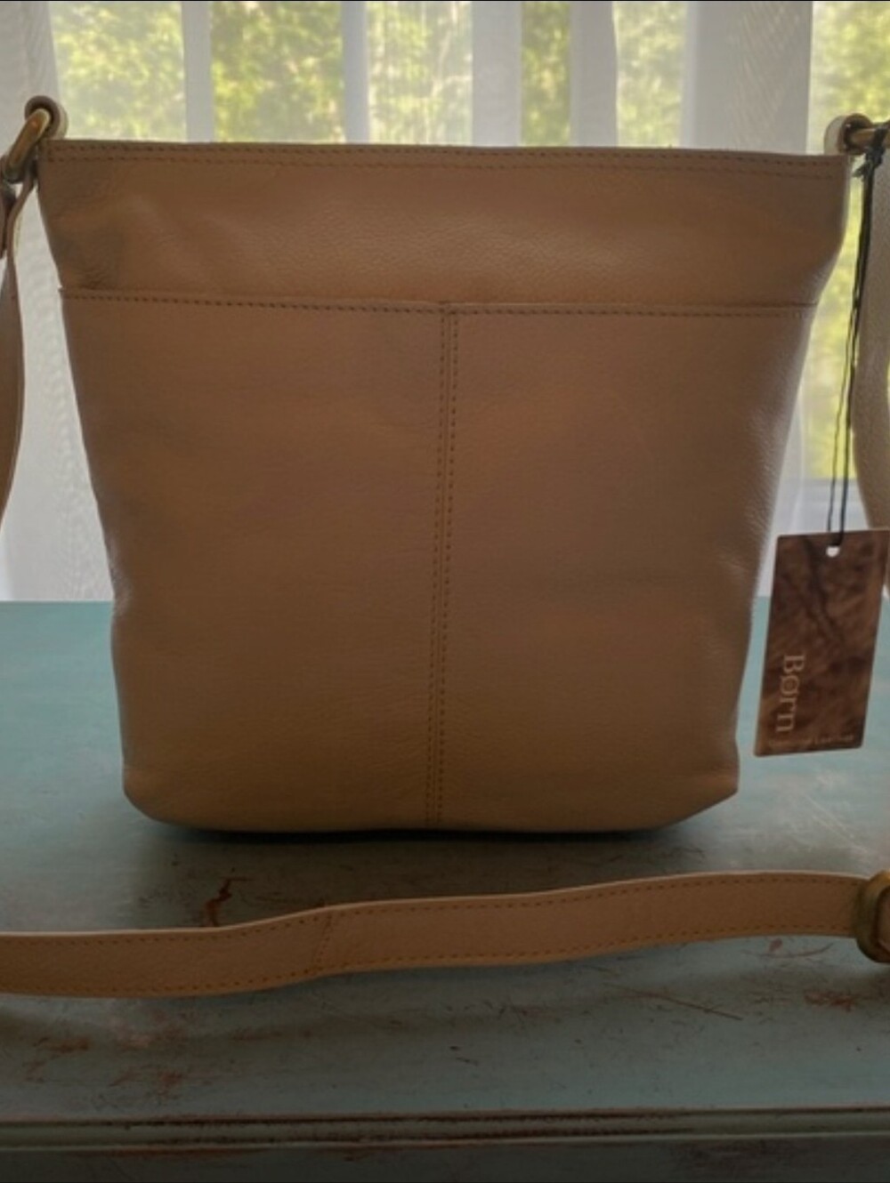 BORN Cream Leather Shoulder Bag with Front Zip Pocket/ BNWT